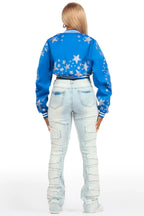 Shanda Royal Blue Crop Rhinestone Varsity Jacket