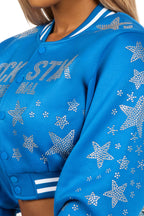 Shanda Royal Blue Crop Rhinestone Varsity Jacket