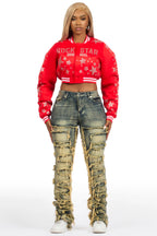 Shanda Red Crop Rhinestone Varsity Jacket