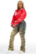 Shanda Red Crop Rhinestone Varsity Jacket