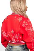 Shanda Red Crop Rhinestone Varsity Jacket