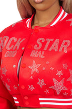 Shanda Red Crop Rhinestone Varsity Jacket