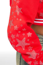 Shanda Red Crop Rhinestone Varsity Jacket