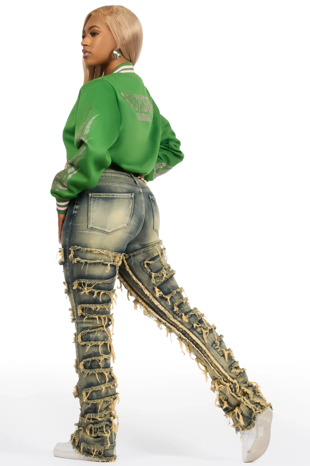 Beunca Green Rhinestone Varsity Jacket