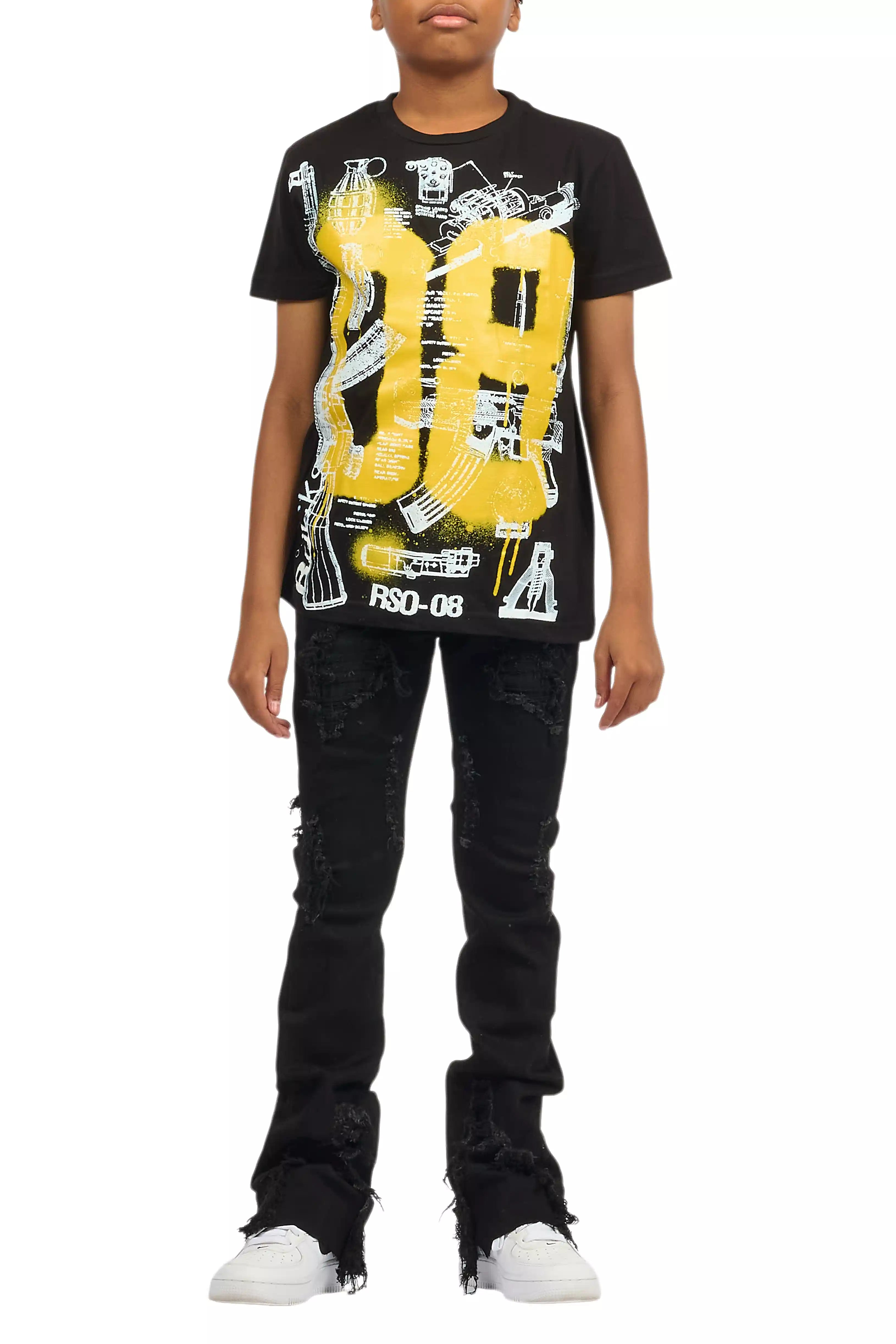 Boys Nesta Black/Yellow T-Shirt/Stacked Flare Jean Set