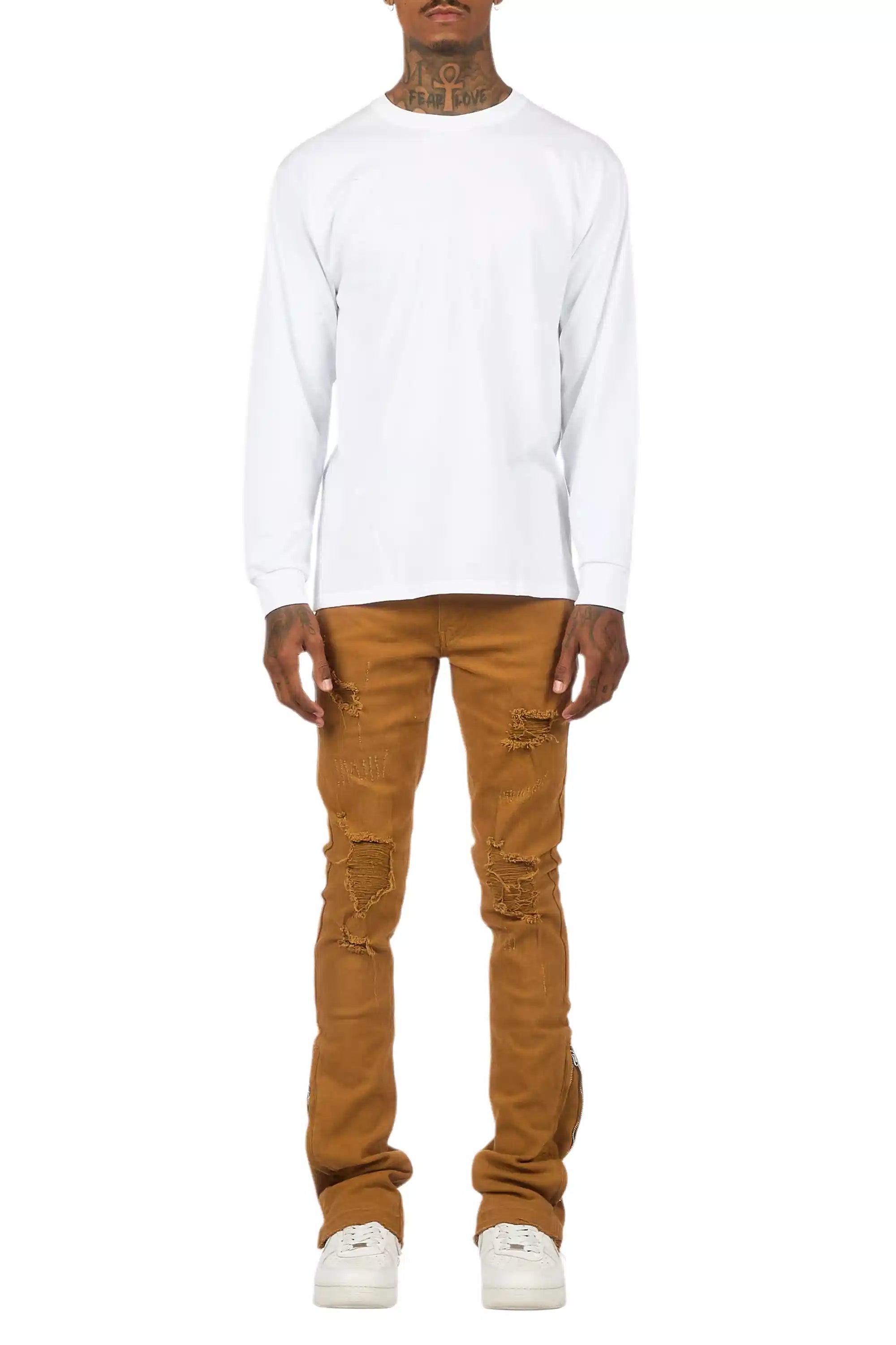 Jaymes Beige Stacked Flare Jean