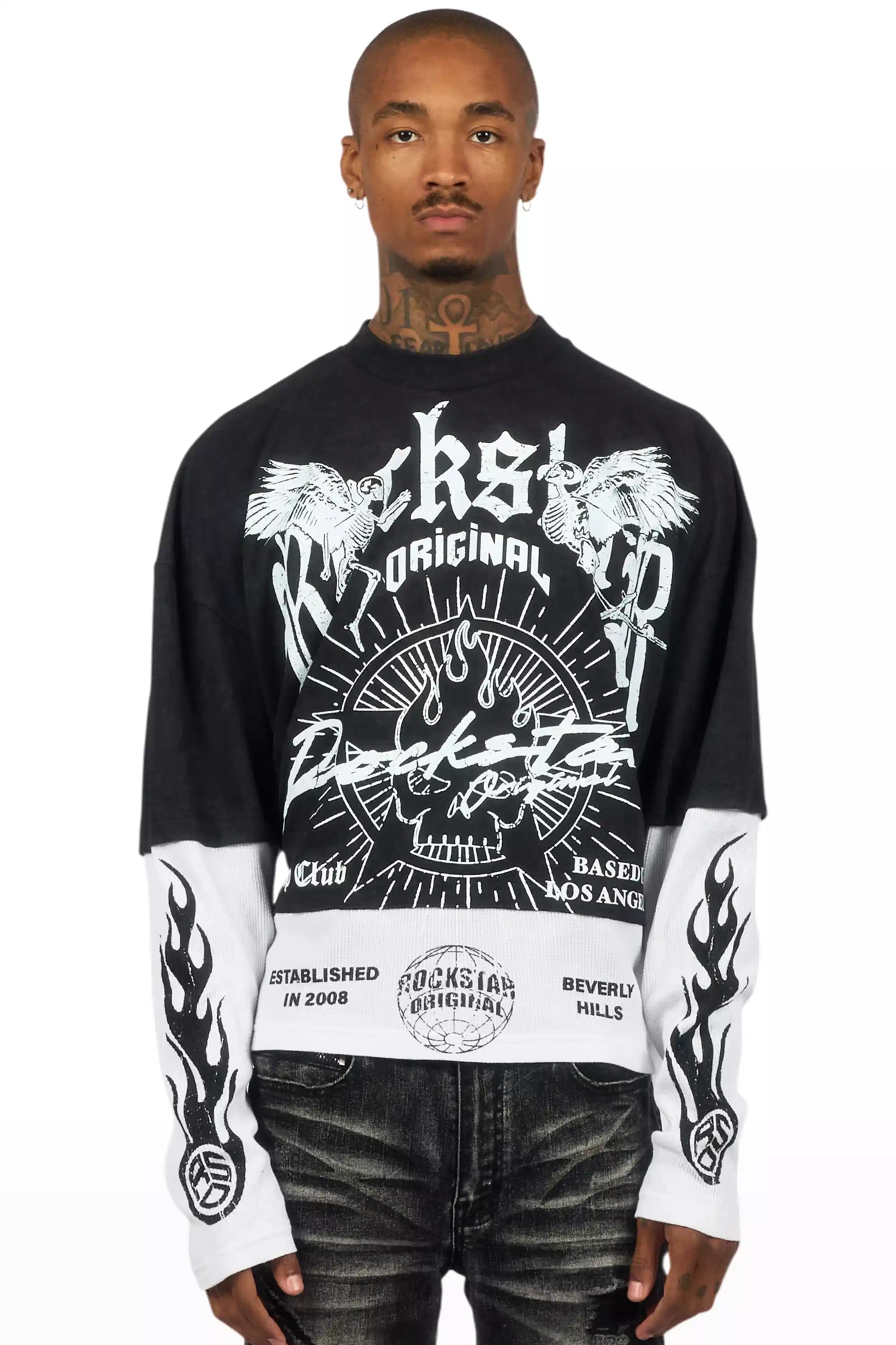 Tally Vintage Black/White Boxy Crop Double Layer Tee