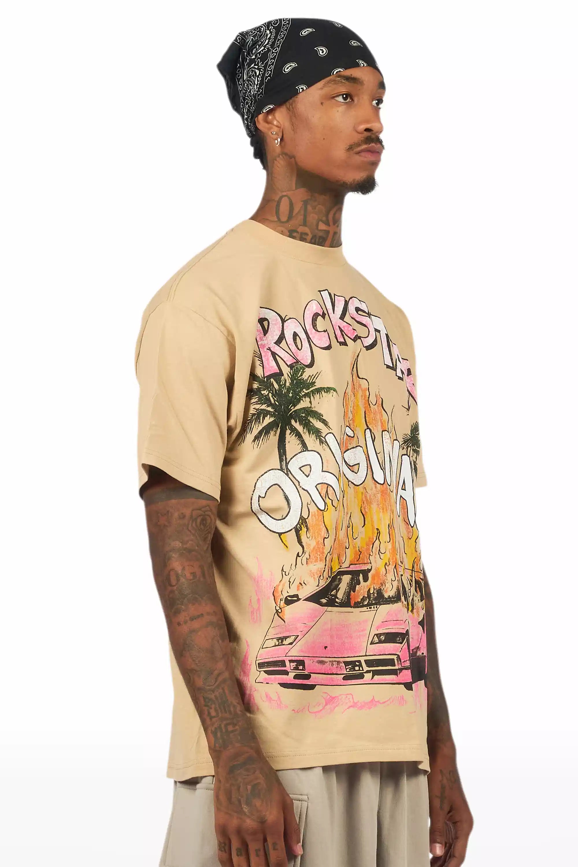 Axrian Beige/Pink Oversized Graphic T-Shirt