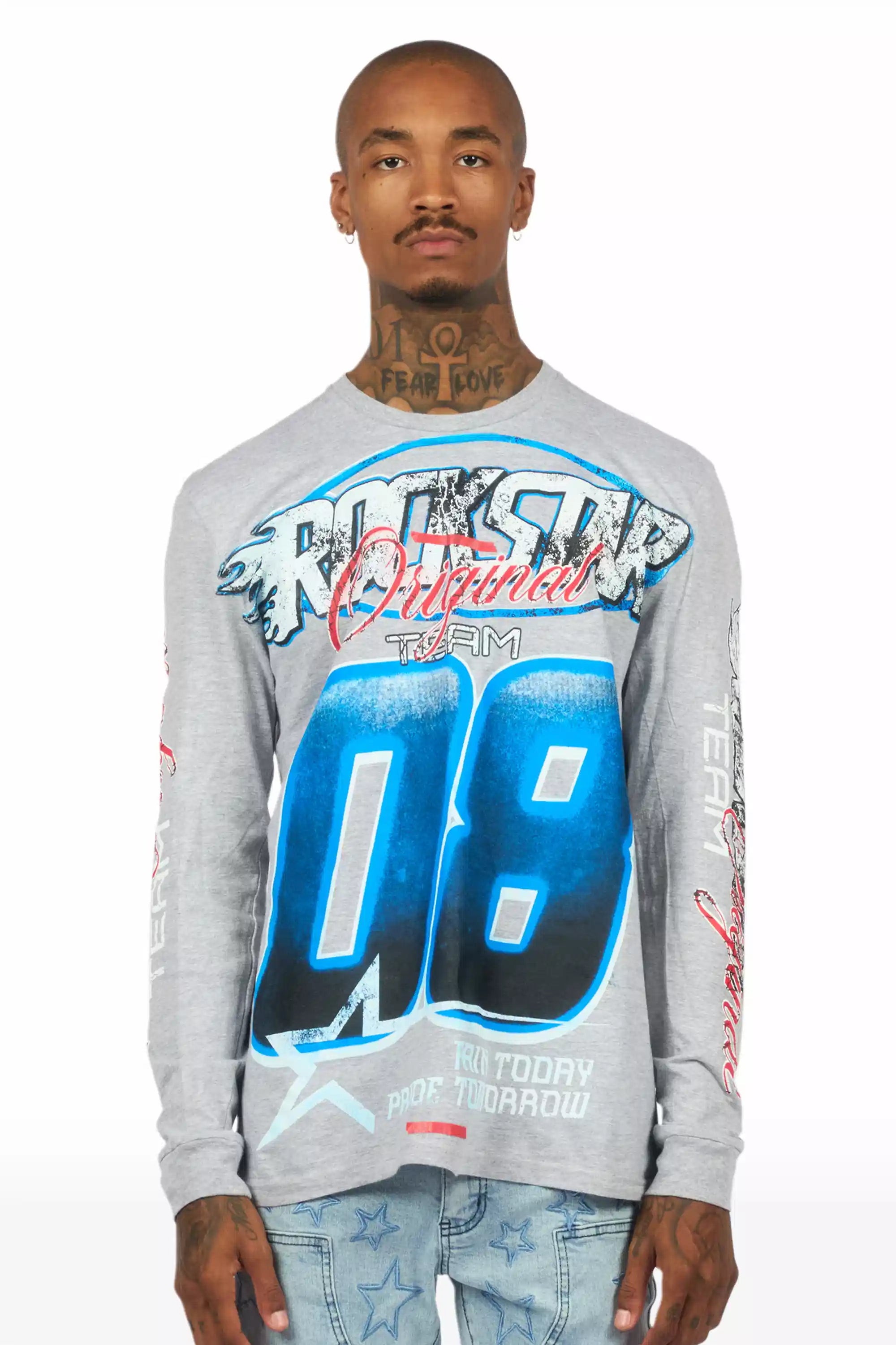Ryker Heather Grey/Blue Long Sleeve Graphic T-Shirt