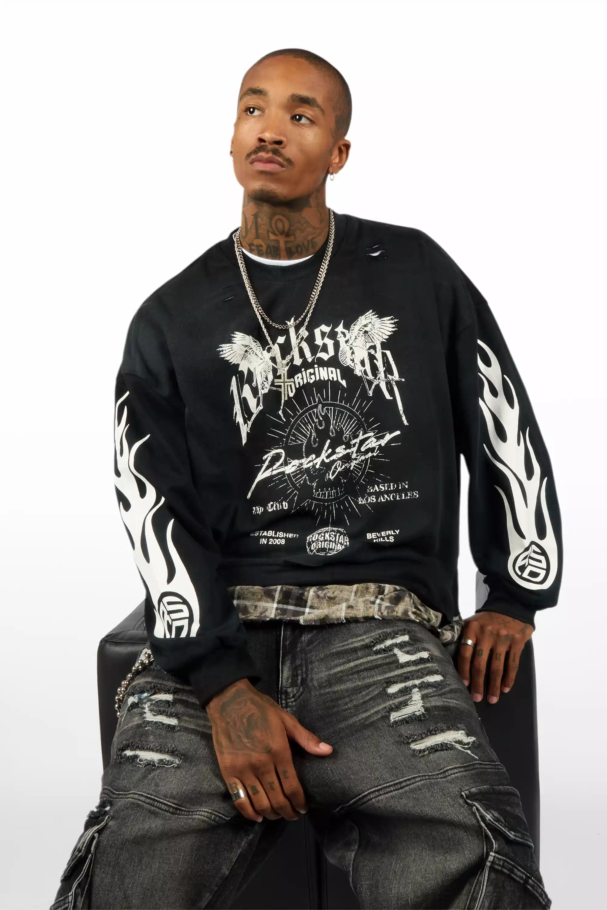 Hundo Black Graphic Flannel Crewneck