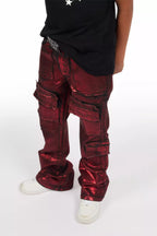 Boys Tyrell Red Metallic Coated Stacked Flare Jean