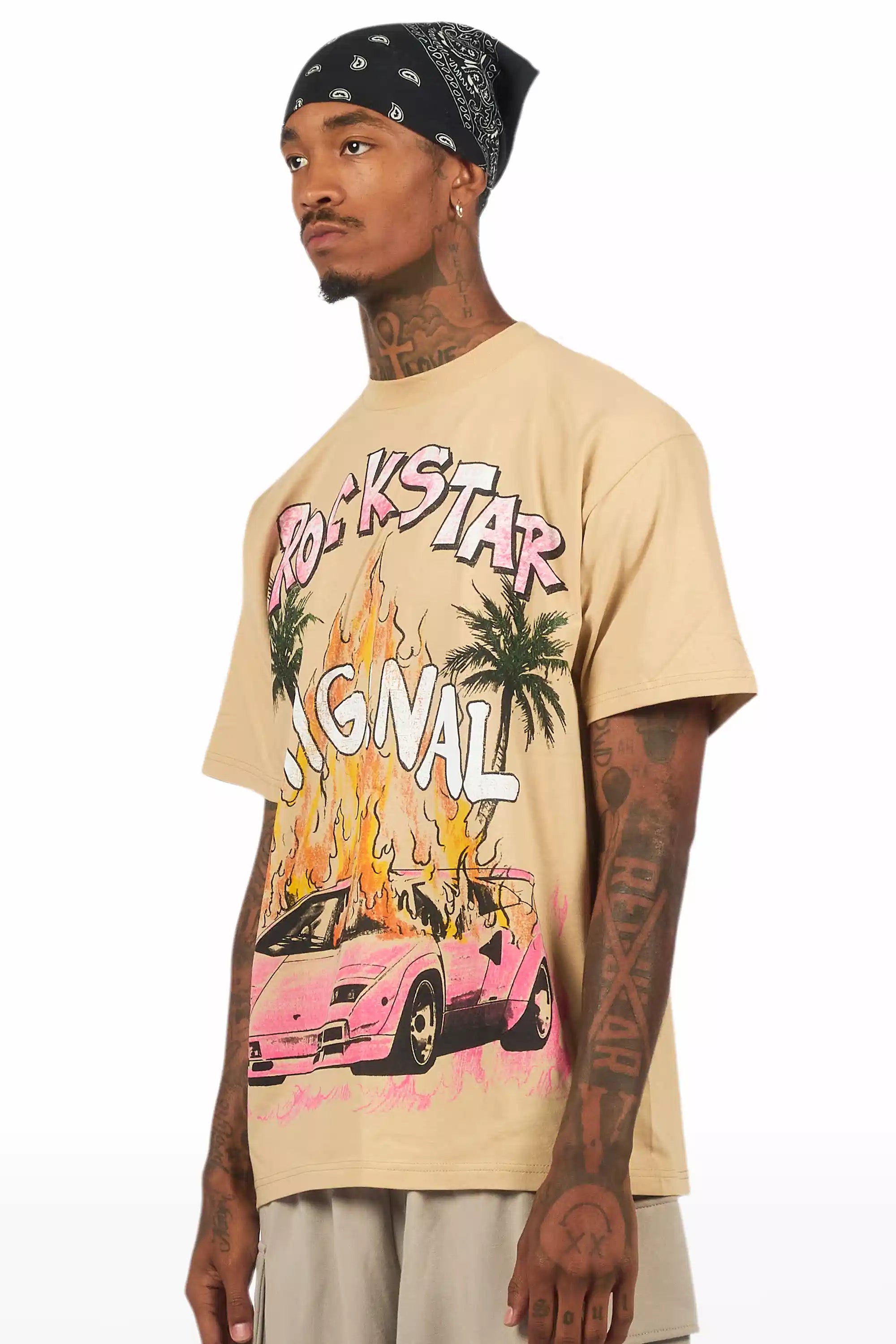 Axrian Beige/Pink Oversized Graphic T-Shirt