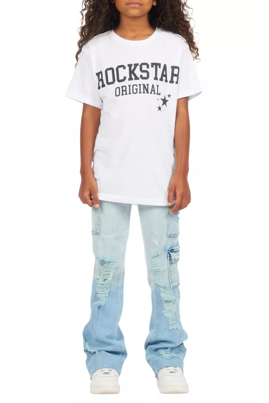 Girls Vixen Light Wash Distressed Stacked Jean