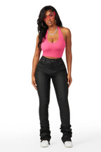 Pay Attention Black PU Super Stacked Flare Pant