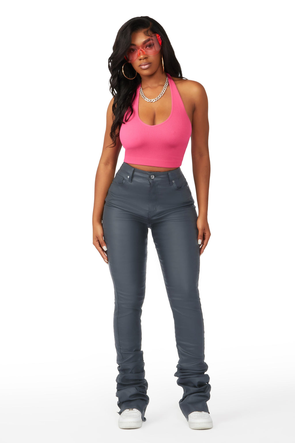 Pay Attention Dark Grey PU Super Stacked Flare Pant