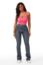 Pay Attention Dark Grey PU Super Stacked Flare Pant