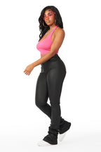 Pay Attention Black PU Super Stacked Flare Pant