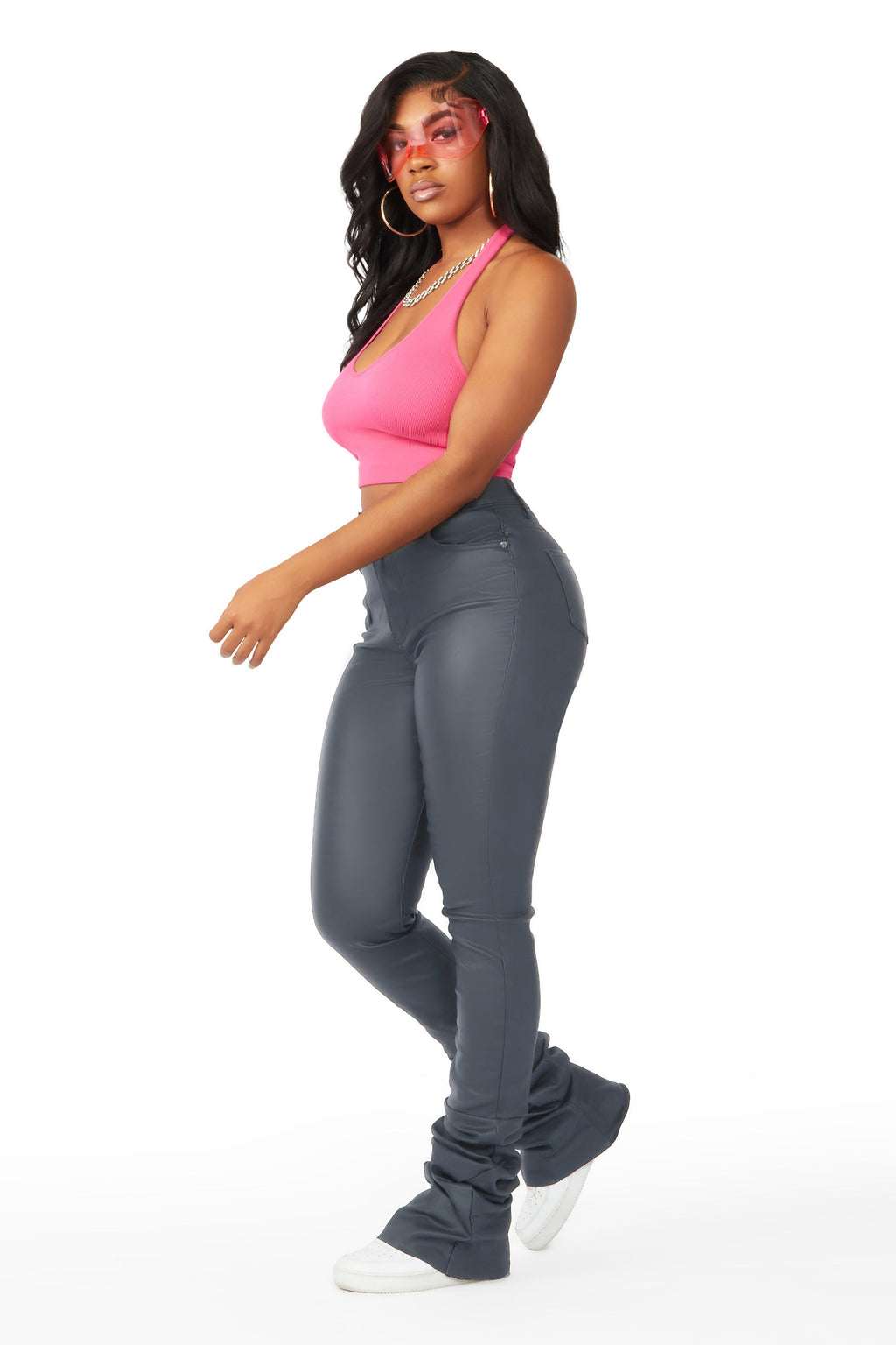 Pay Attention Dark Grey PU Super Stacked Flare Pant