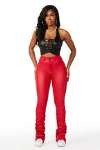 Pay Attention Red PU Super Stacked Flare Pant