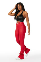 Pay Attention Red PU Super Stacked Flare Pant