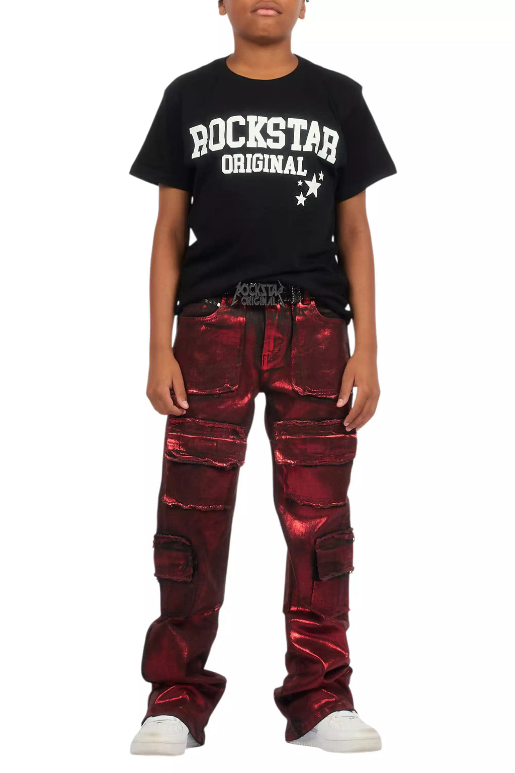 Boys Tyrell Red Metallic Coated Stacked Flare Jean
