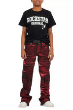 Boys Tyrell Red Metallic Coated Stacked Flare Jean