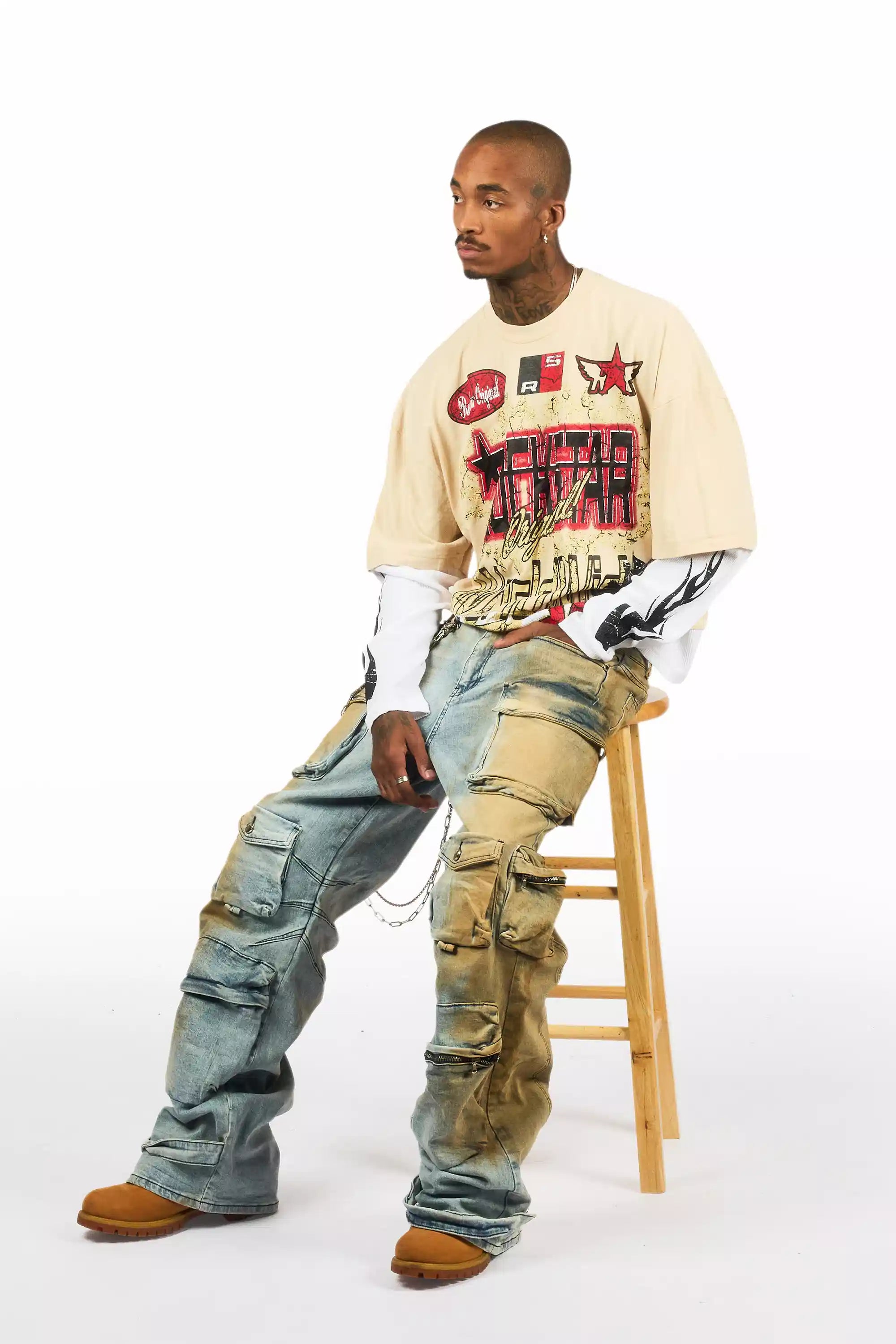 Mahesh Dirty Blue Baggy Cargo Jean