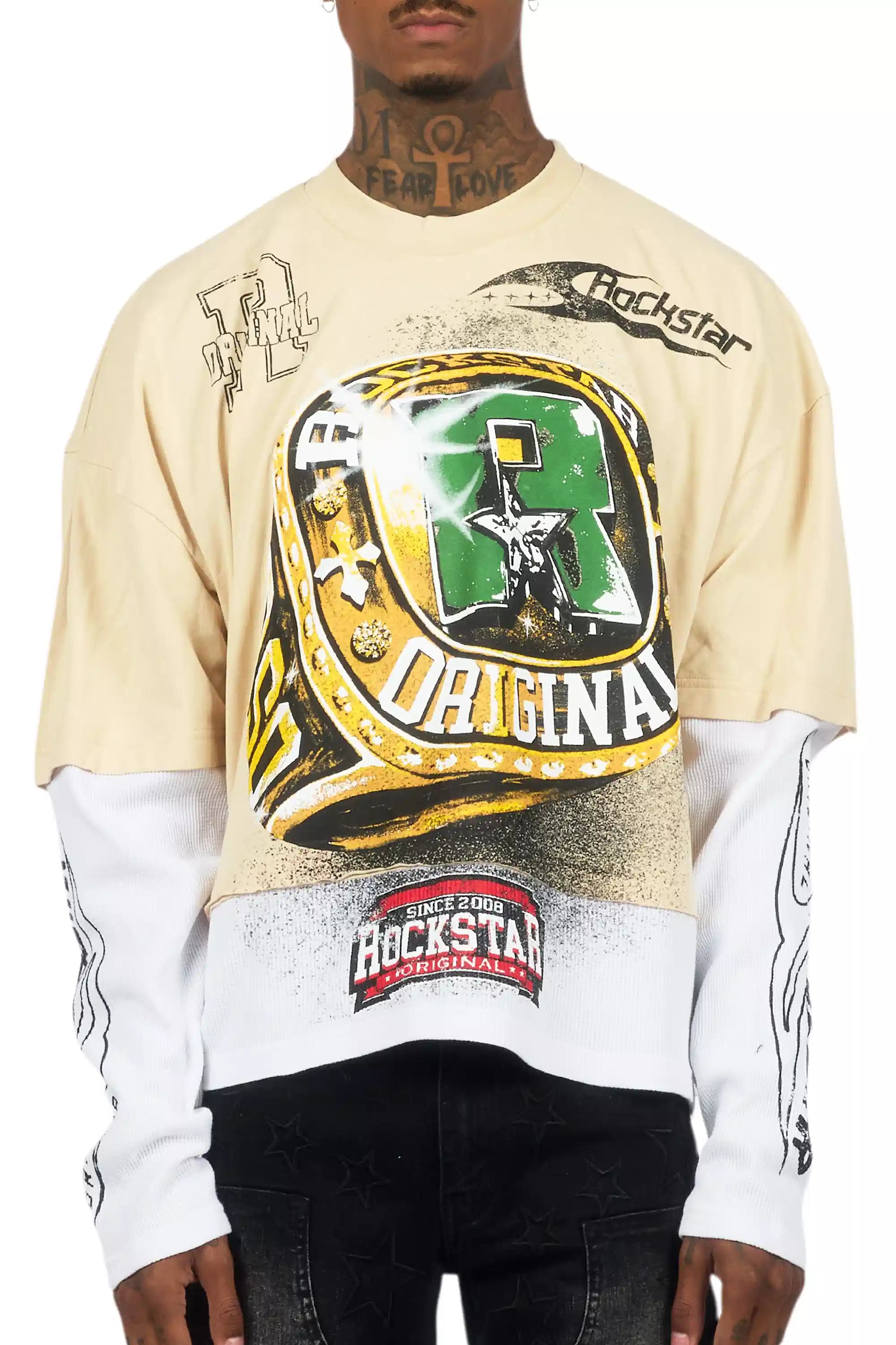 Gemchamp Beige/Red Boxy Crop Double Layer Tee