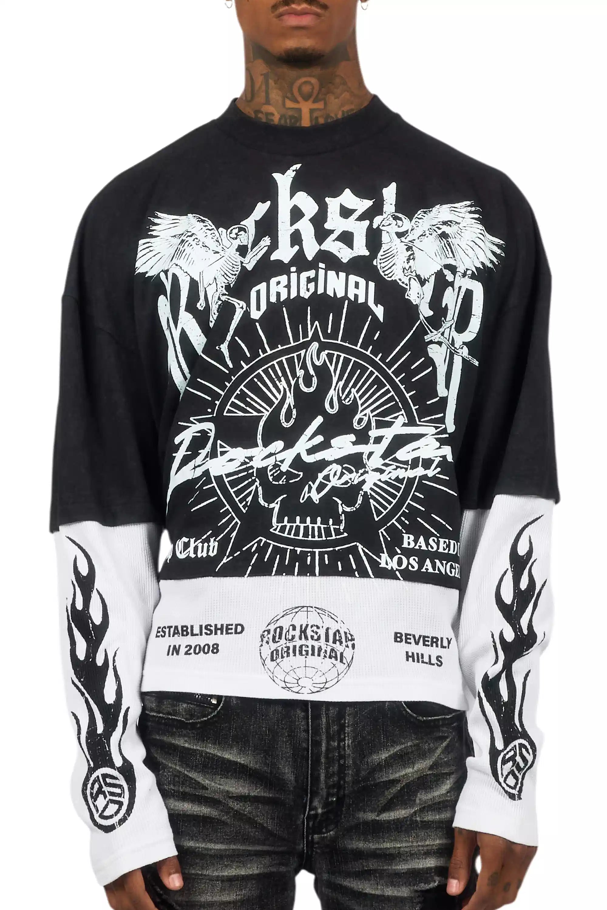 Tally Vintage Black/White Boxy Crop Double Layer Tee