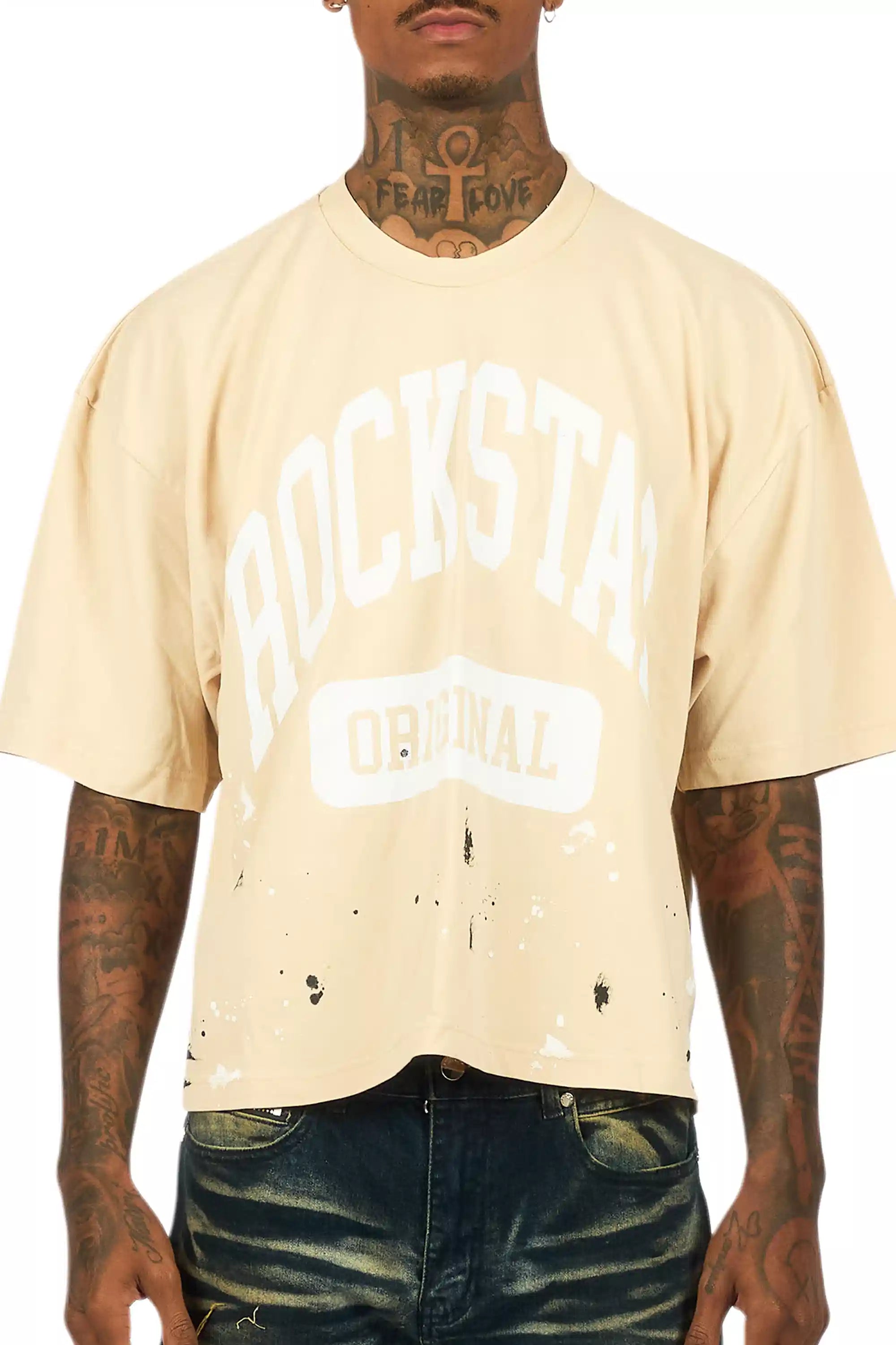 Rainer Beige/White Boxy Crop T-Shirt