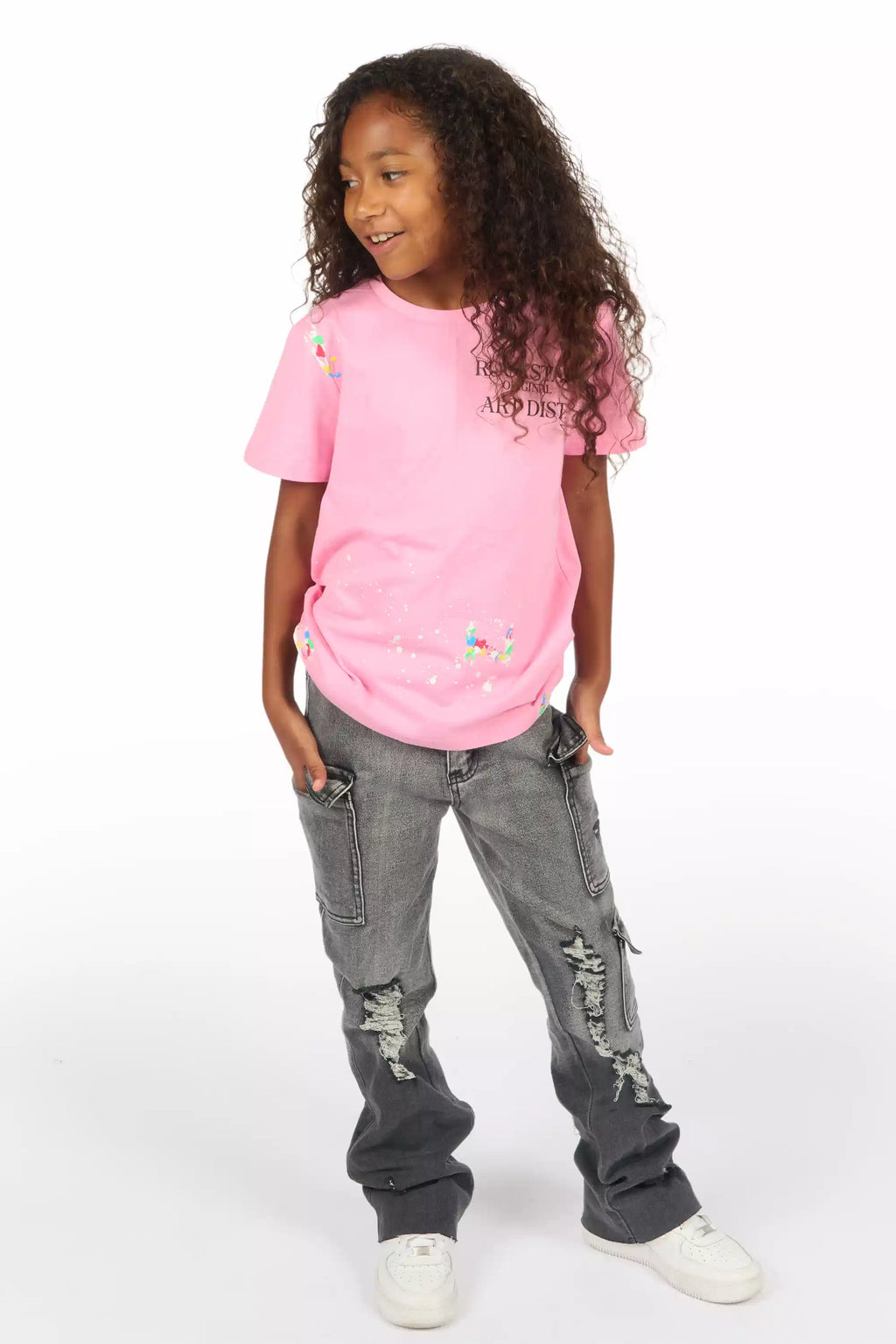 Girls Vixen Grey Wash Distressed Stacked Jean