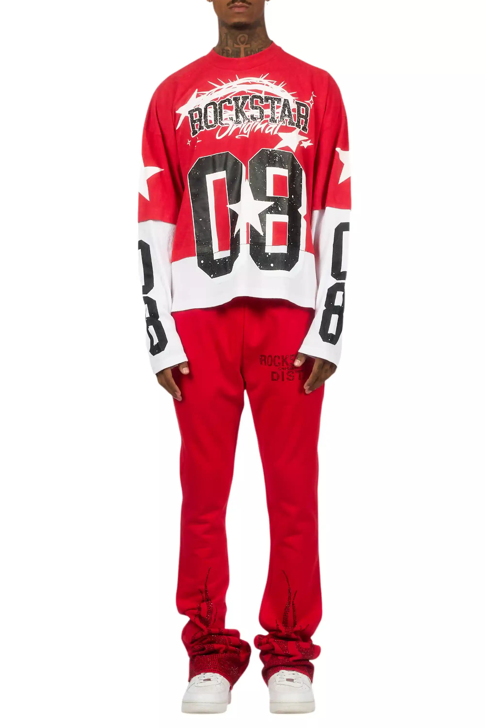 Pyrel Red/Black Rhinestone Stacked Flare Pant