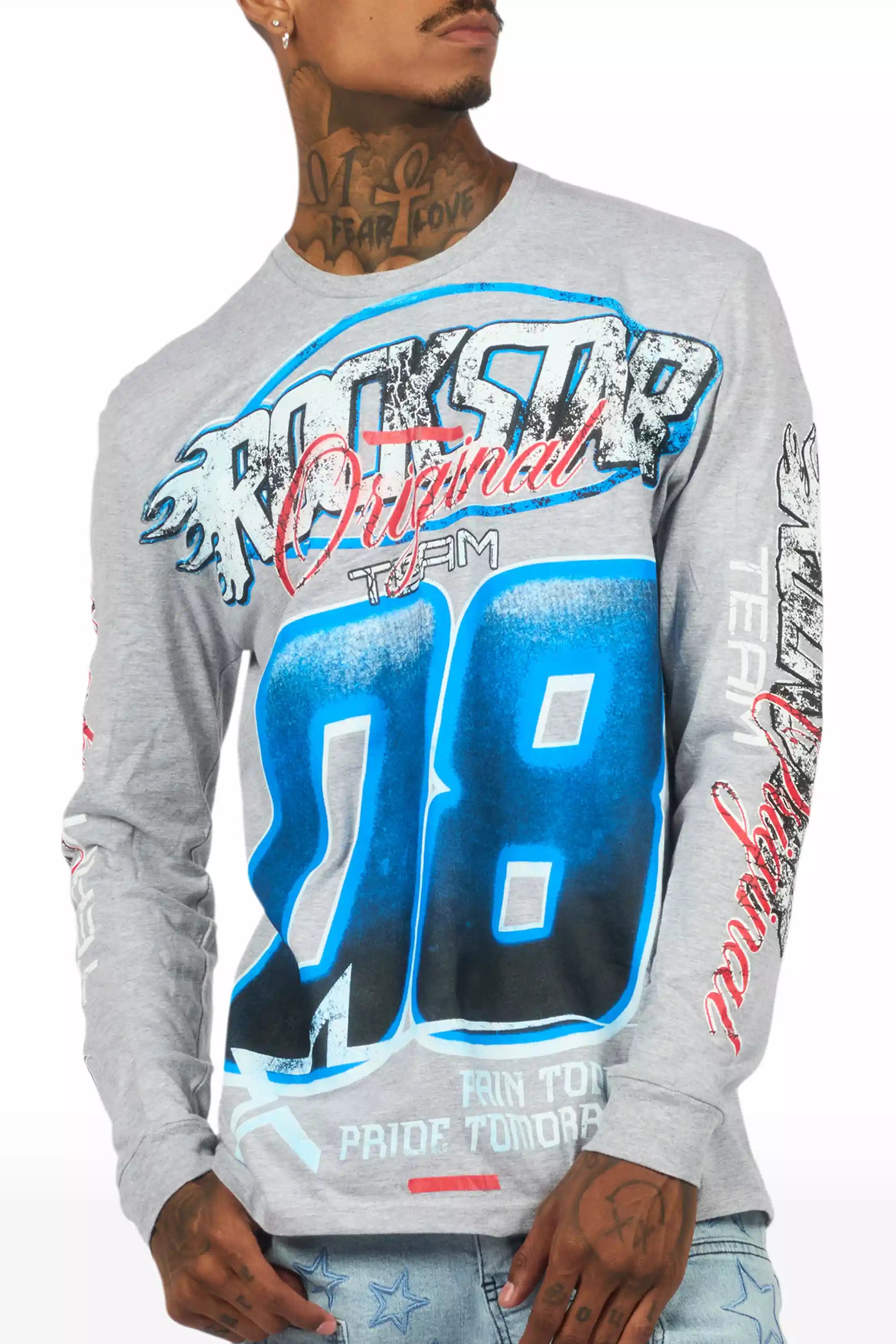 Ryker Heather Grey/Blue Long Sleeve Graphic T-Shirt