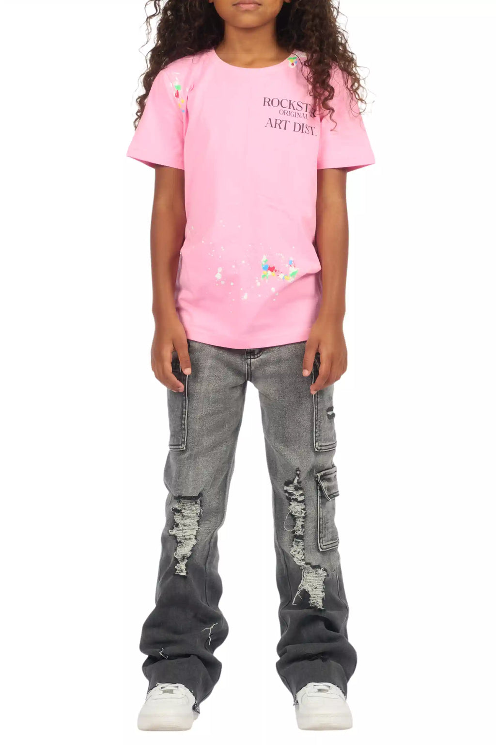 Girls Vixen Grey Wash Distressed Stacked Jean