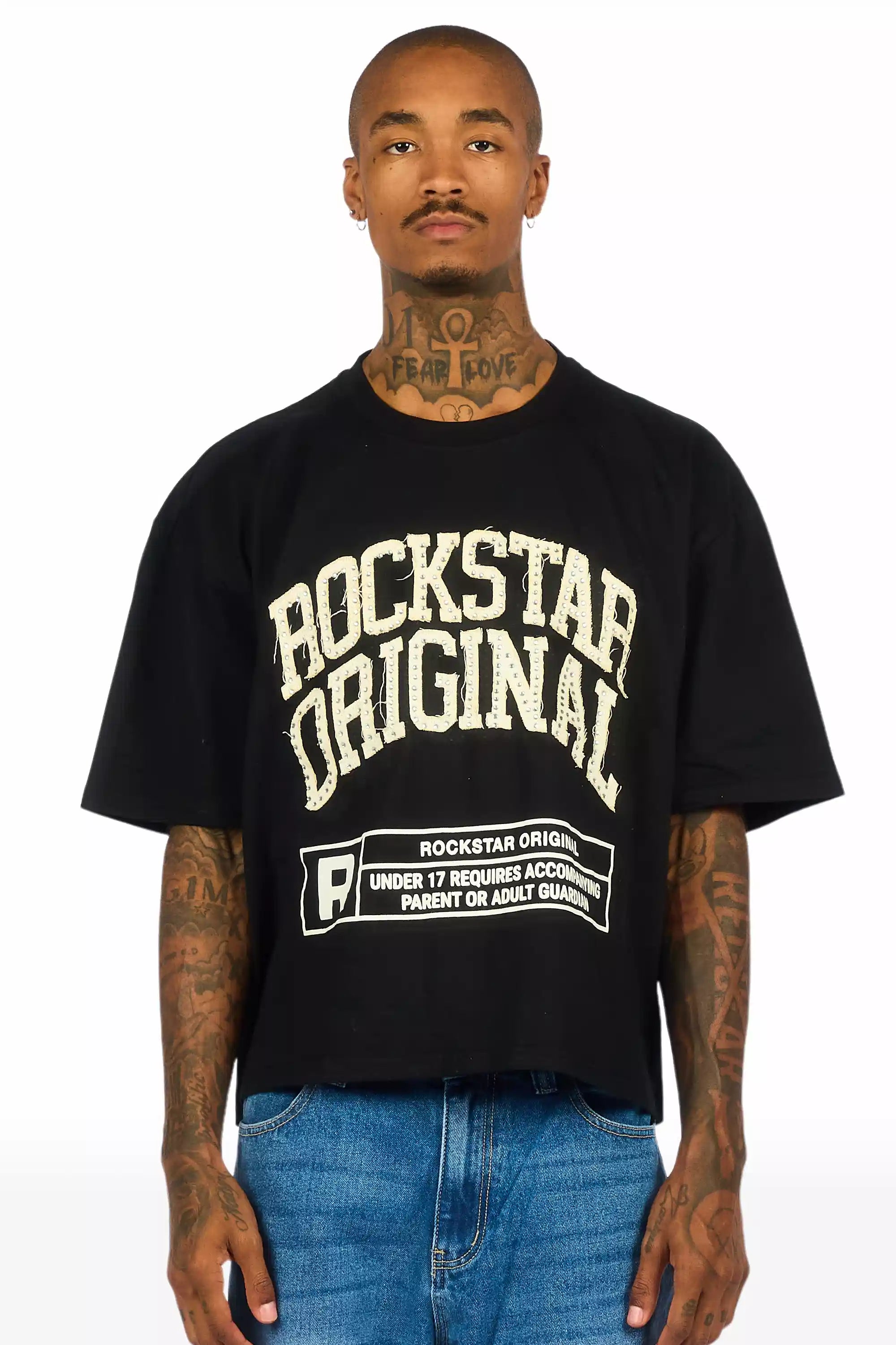 Tracy Black Rhinestone Boxy Crop T-Shirt