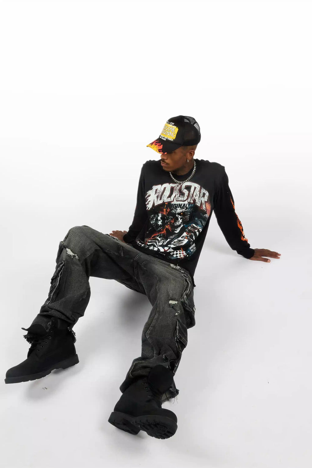 Beno Black/Yellow Flames Graphic Trucker Hat