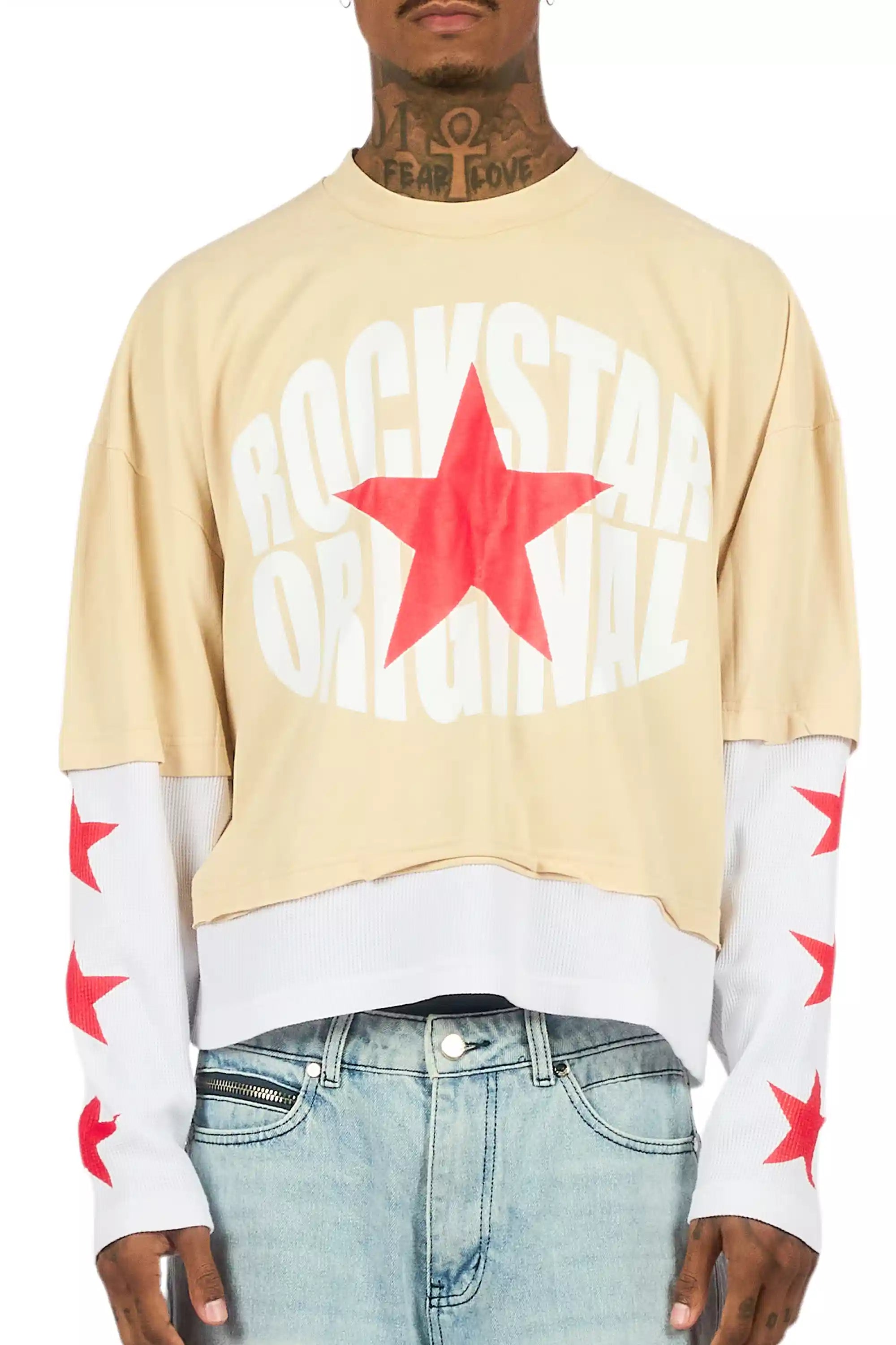 States Beige/White Boxy Crop Double Layer Tee