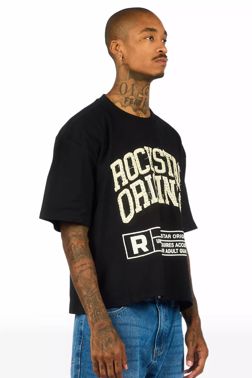 Tracy Black Rhinestone Boxy Crop T-Shirt