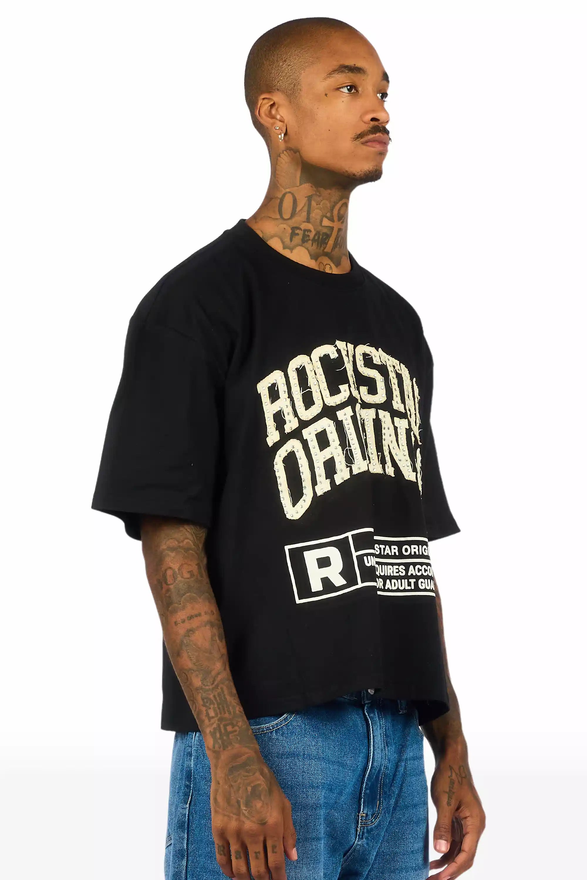 Tracy Black Rhinestone Boxy Crop T-Shirt