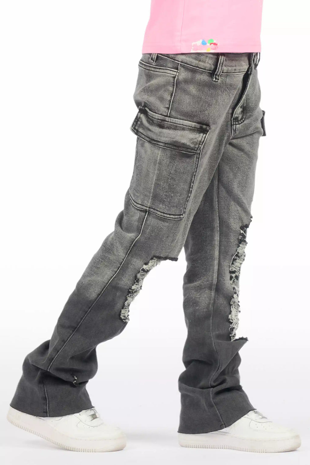 Girls Vixen Grey Wash Distressed Stacked Jean