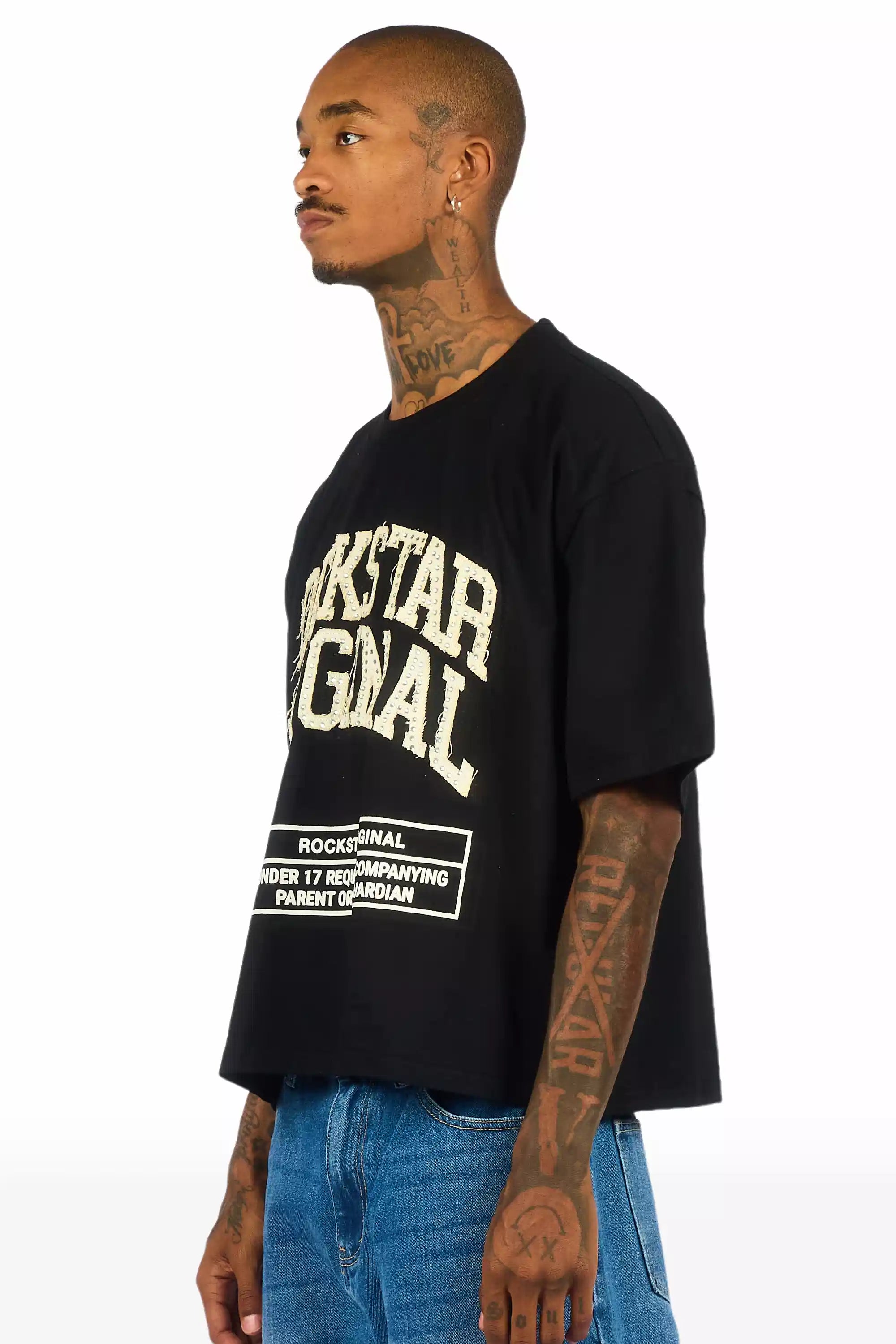 Tracy Black Rhinestone Boxy Crop T-Shirt