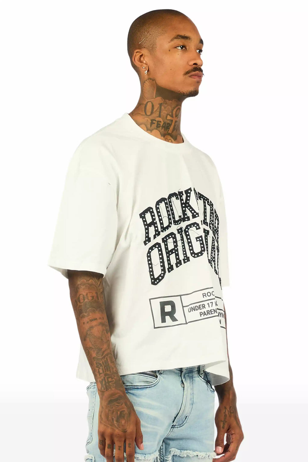 Tracy White Rhinestone Boxy Crop T-Shirt