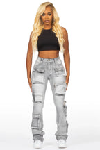 Symone Grey Wash Cargo Stacked Flare Jean