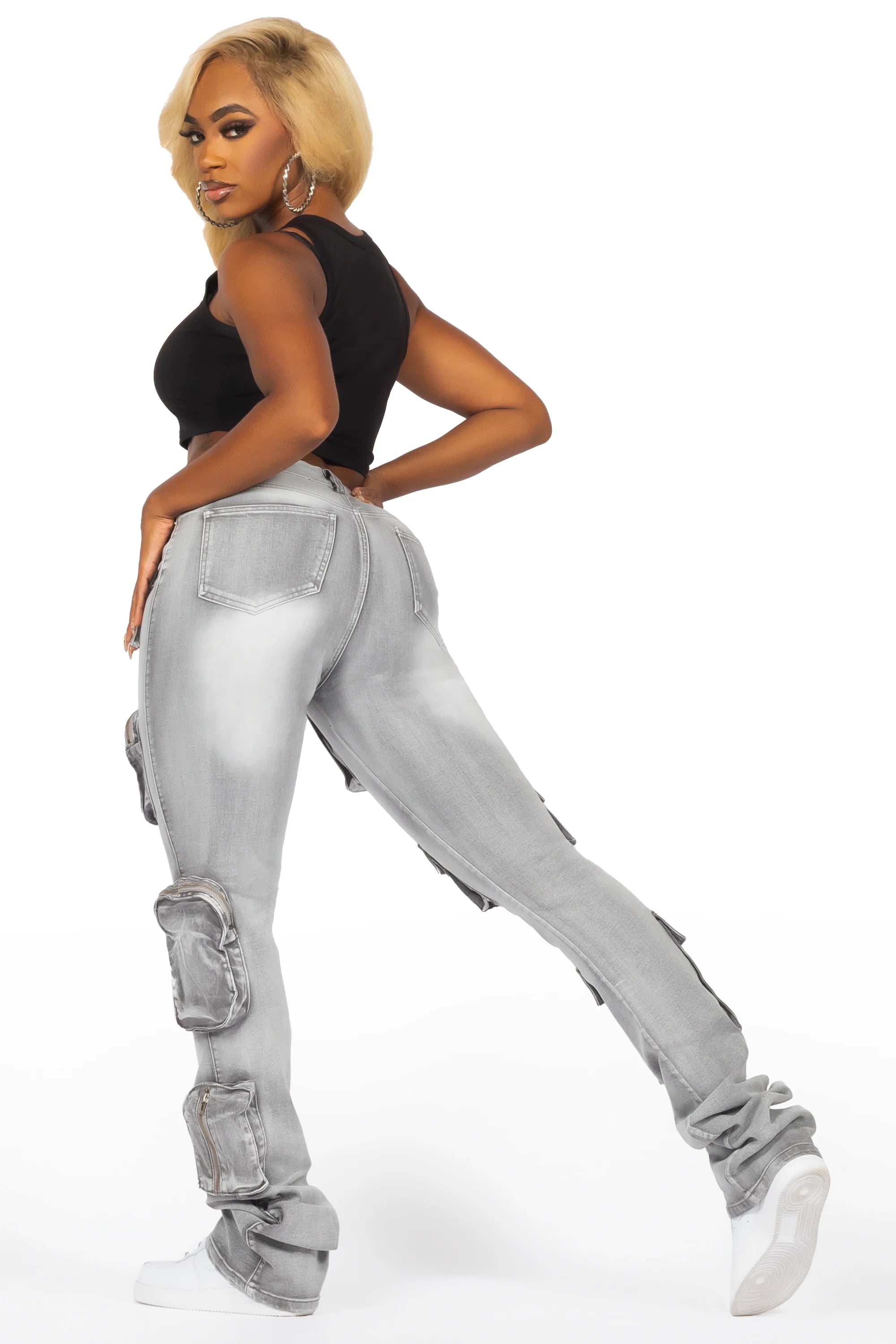 Symone Grey Wash Cargo Stacked Flare Jean