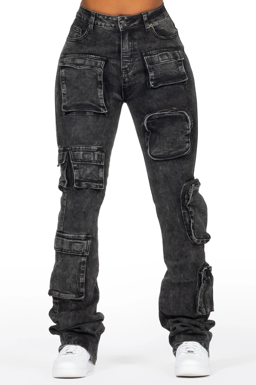 Symone Black Wash Cargo Stacked Flare Jean