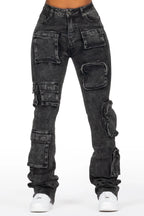 Symone Black Wash Cargo Stacked Flare Jean