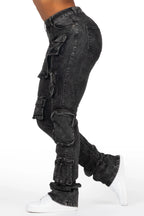 Symone Black Wash Cargo Stacked Flare Jean