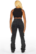 Symone Black Wash Cargo Stacked Flare Jean