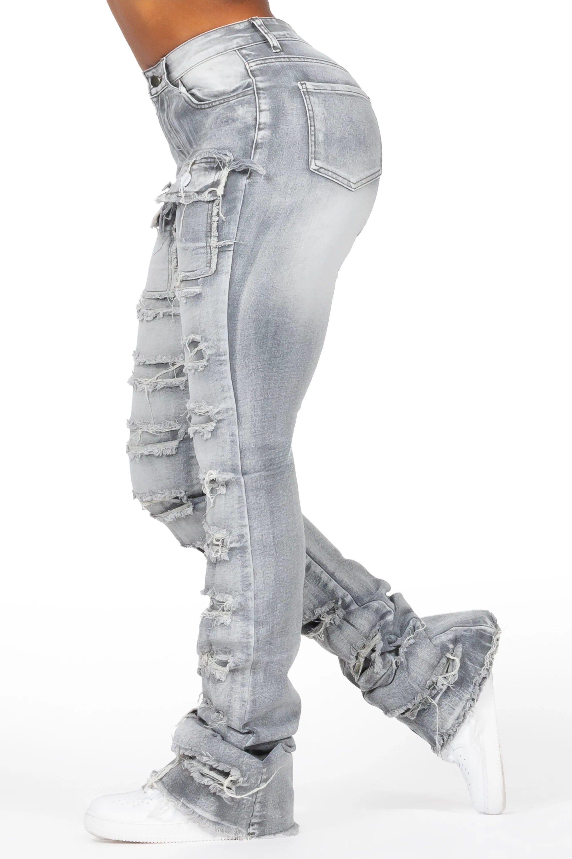 Kanivia Grey Wash Cargo Stacked Flare Jean