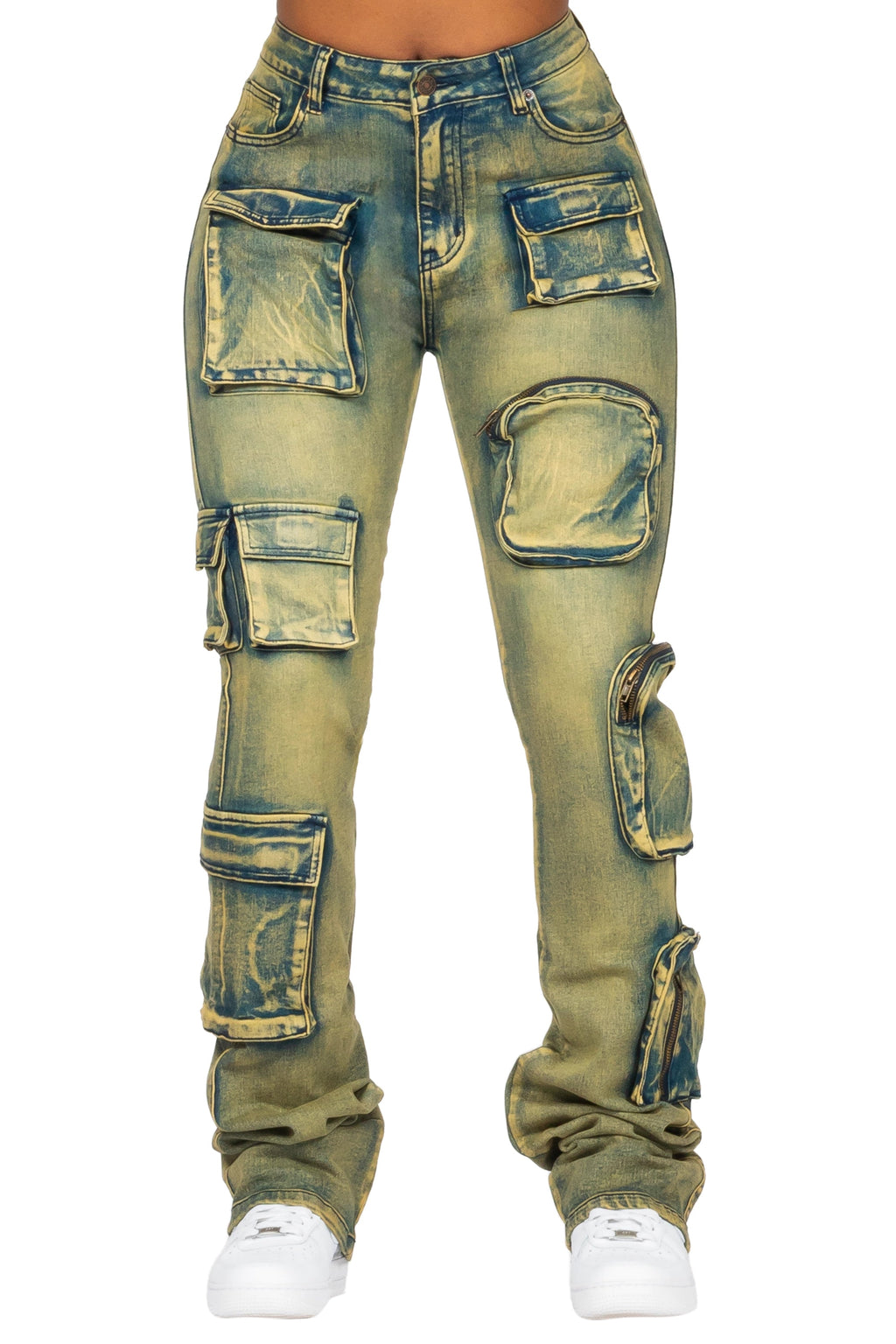 Symone Tinted Dark Wash Cargo Stacked Flare Jean